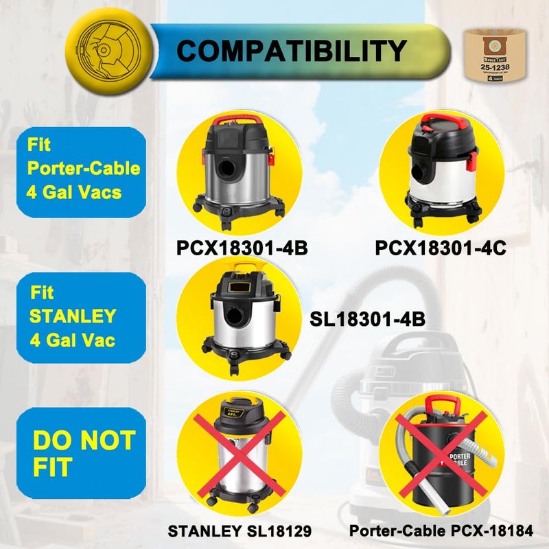 SpaceTent 5 Pack Replacement Shop Vac Filter Bags 25-1238 for Stanley and Porter-Cable 4 Gallon Wet Dry Vacuums PCX18301-4B SL18301-3B, Part# AT25-1238 - Image 2